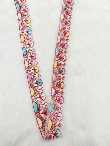 White Tissue Fabric Trim In Multicoloured Floral Embroidery With Matt Gold Sequins, Lace Trim By 9 Yards Indian Decorative Trim, Ribbon